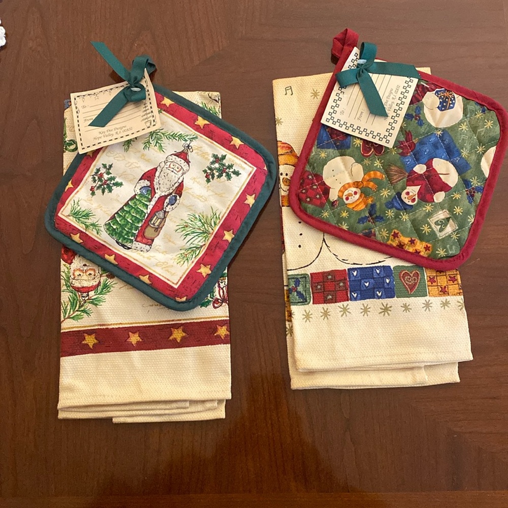 Two two-piece holiday towel and pot holder sets from Kay Dee Designs